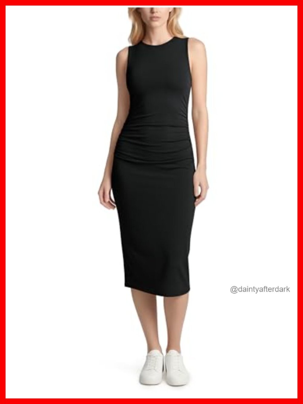 Side Shirred Midi Tank Dress Crewneck Sleeveless Bodycon